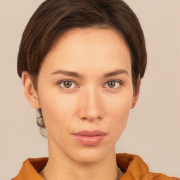 Neutral white young-adult female with short  brown hair and brown eyes