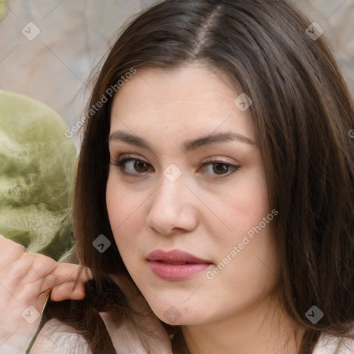 Neutral white young-adult female with medium  brown hair and brown eyes