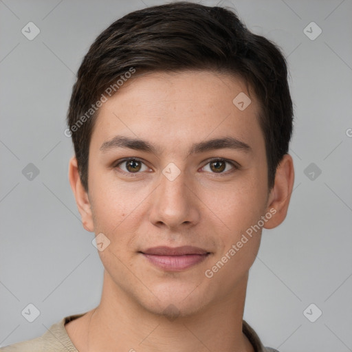 Joyful white young-adult male with short  brown hair and brown eyes