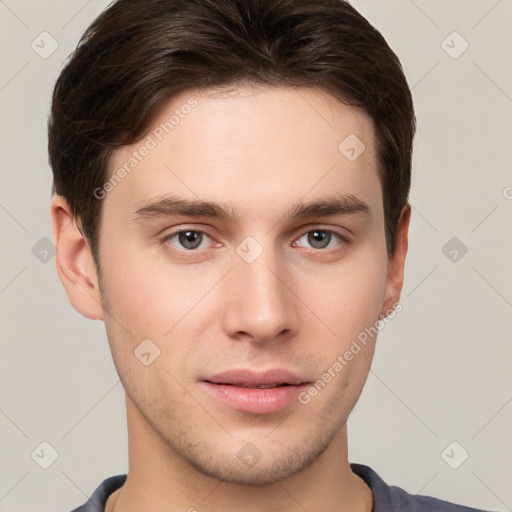 Neutral white young-adult male with short  brown hair and grey eyes