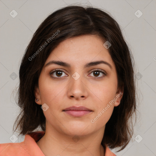 Neutral white young-adult female with medium  brown hair and brown eyes