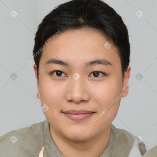 Joyful asian young-adult female with short  brown hair and brown eyes