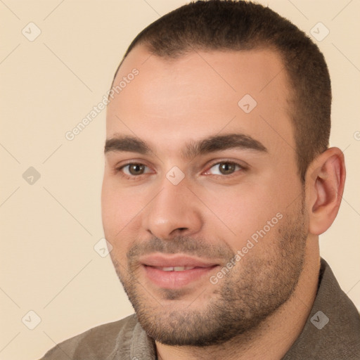 Joyful white young-adult male with short  brown hair and brown eyes