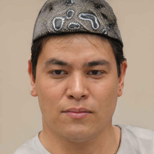 Neutral asian young-adult male with short  brown hair and brown eyes