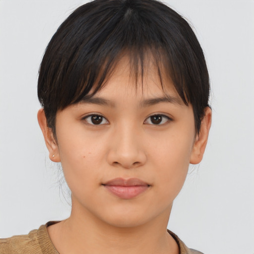 Neutral asian young-adult female with short  brown hair and brown eyes