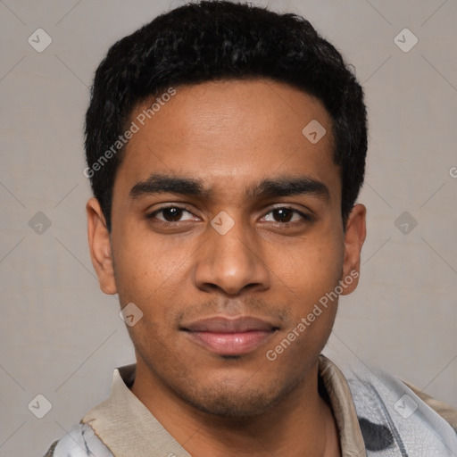 Joyful latino young-adult male with short  black hair and brown eyes