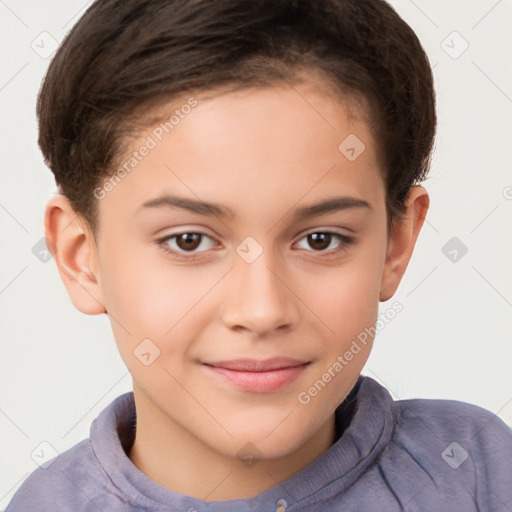 Joyful white child female with short  brown hair and brown eyes