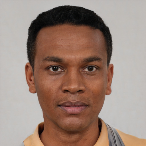 Neutral black young-adult male with short  black hair and brown eyes