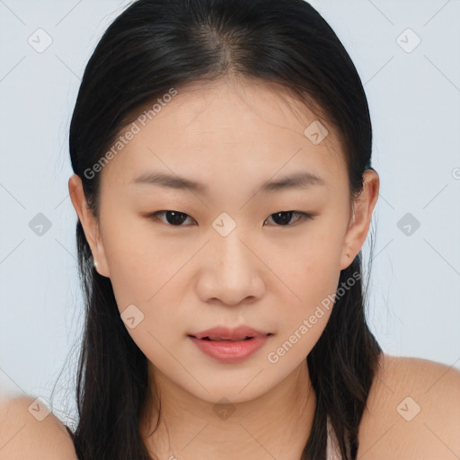 Neutral asian young-adult female with long  brown hair and brown eyes