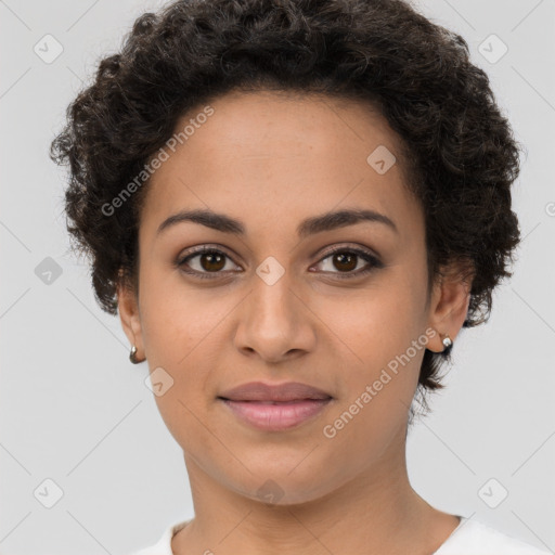 Joyful latino young-adult female with short  brown hair and brown eyes