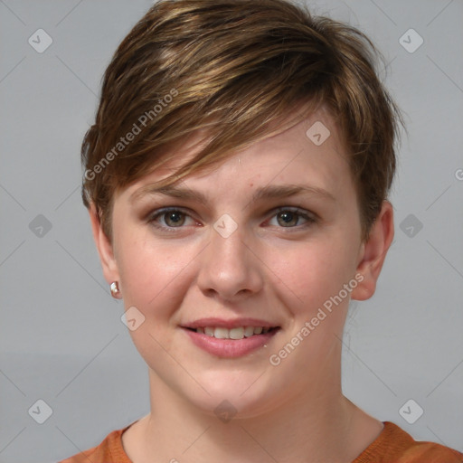 Joyful white young-adult female with short  brown hair and grey eyes