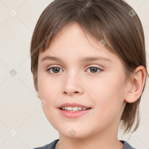 Joyful white child female with medium  brown hair and brown eyes