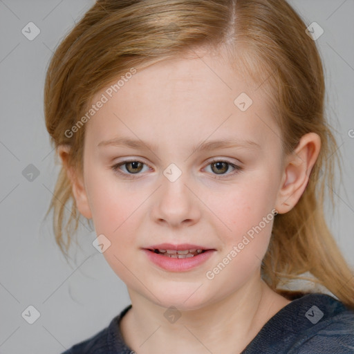 Joyful white child female with medium  brown hair and blue eyes