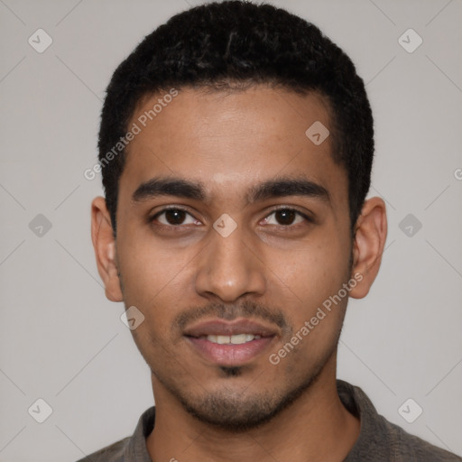 Neutral latino young-adult male with short  black hair and brown eyes