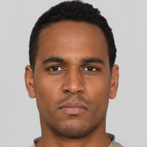 Neutral black young-adult male with short  black hair and brown eyes