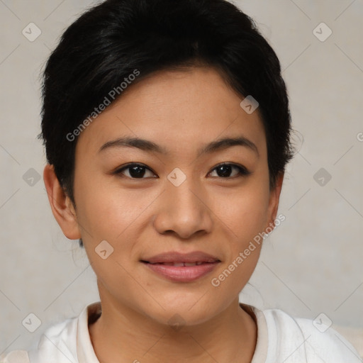 Joyful asian young-adult female with short  brown hair and brown eyes