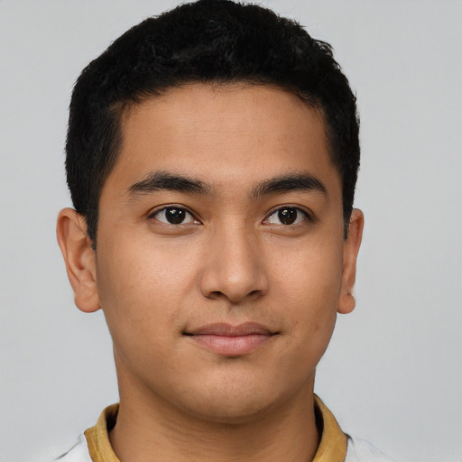 Neutral latino young-adult male with short  brown hair and brown eyes