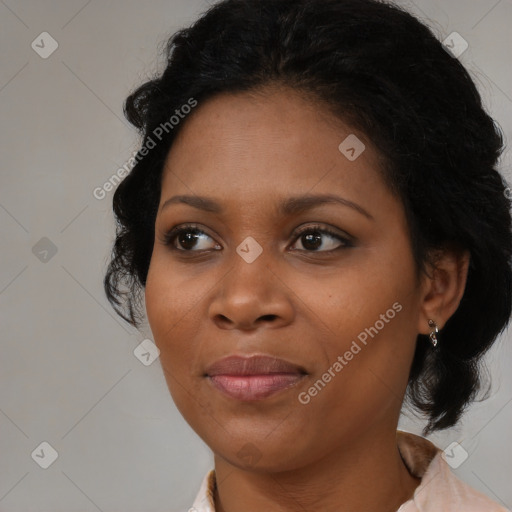 Joyful black young-adult female with medium  black hair and brown eyes