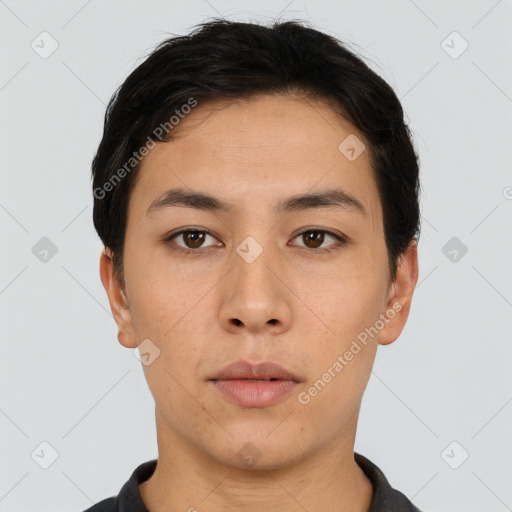 Neutral asian young-adult male with short  black hair and brown eyes