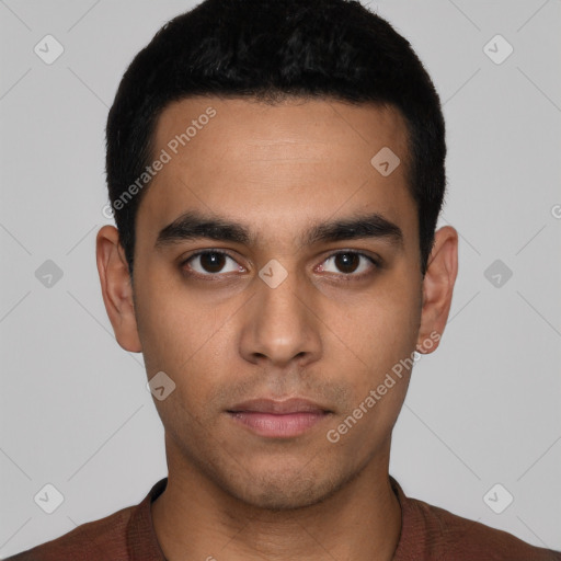 Neutral latino young-adult male with short  black hair and brown eyes