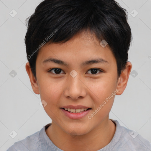 Joyful asian child female with short  brown hair and brown eyes