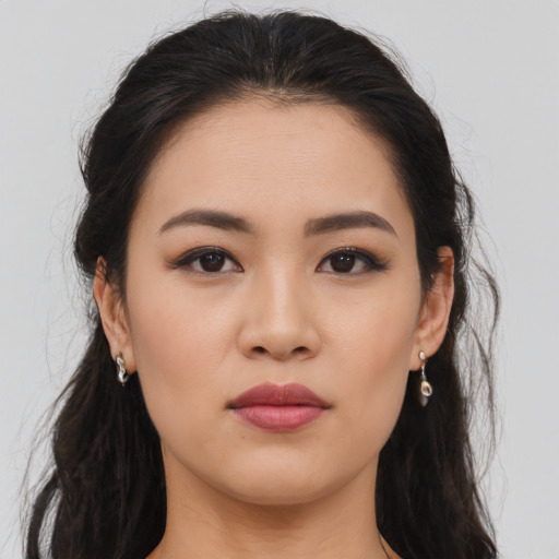 Neutral asian young-adult female with long  brown hair and brown eyes