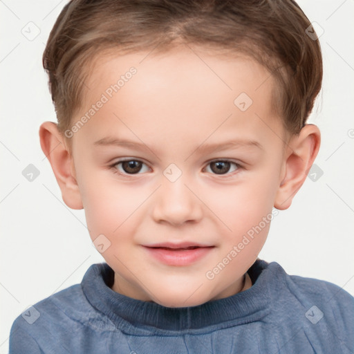 Joyful white child female with short  brown hair and brown eyes