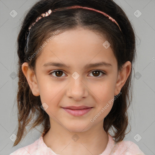 Joyful white child female with medium  brown hair and brown eyes