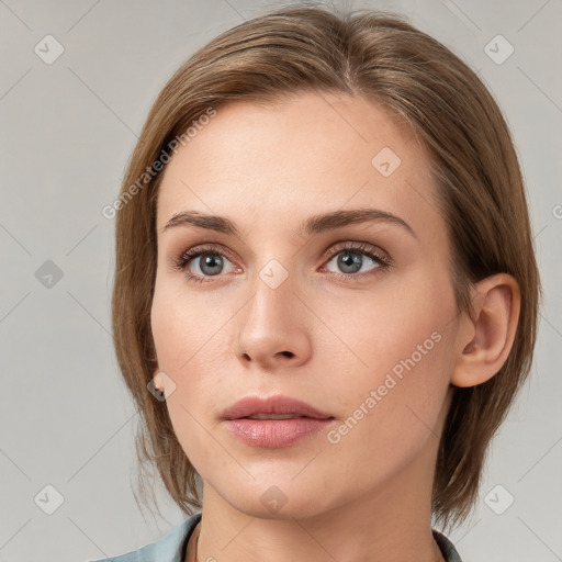 Neutral white young-adult female with medium  brown hair and grey eyes