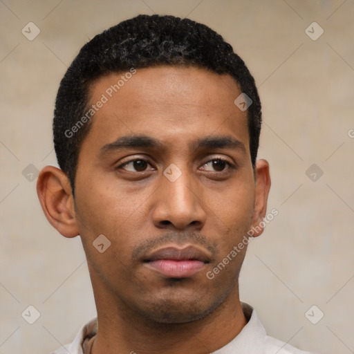Neutral latino young-adult male with short  black hair and brown eyes