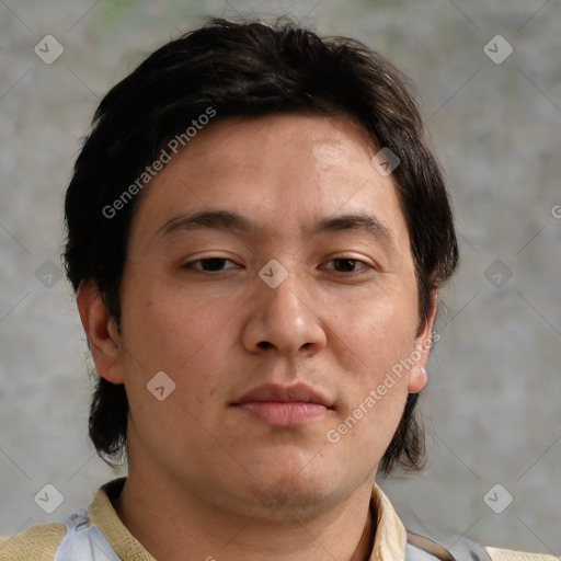 Neutral asian adult male with short  brown hair and brown eyes