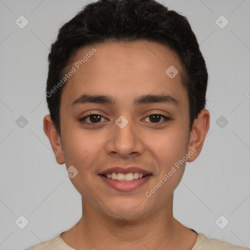 Joyful latino young-adult male with short  brown hair and brown eyes