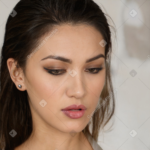 Neutral white young-adult female with medium  brown hair and brown eyes