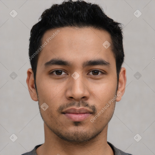 Neutral latino young-adult male with short  black hair and brown eyes