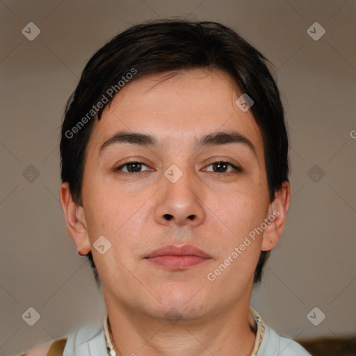 Neutral white young-adult male with short  brown hair and brown eyes