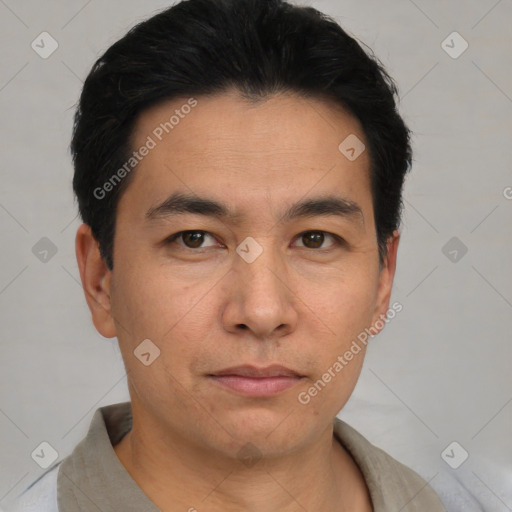 Neutral asian young-adult male with short  black hair and brown eyes