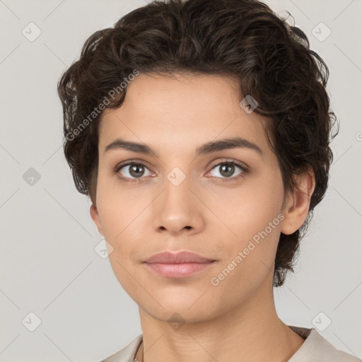 Neutral white young-adult female with short  brown hair and brown eyes