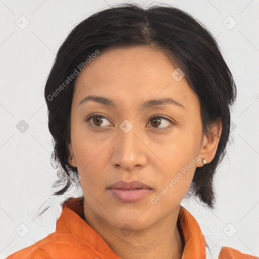 Neutral asian adult female with medium  brown hair and brown eyes