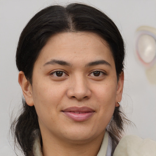 Joyful white young-adult female with medium  brown hair and brown eyes