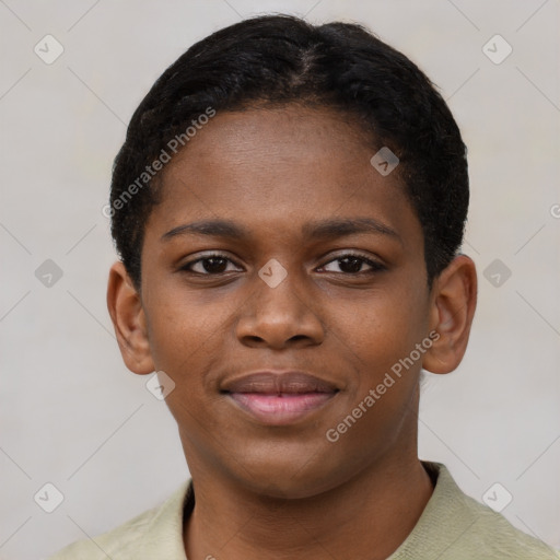 Joyful black young-adult female with short  black hair and brown eyes