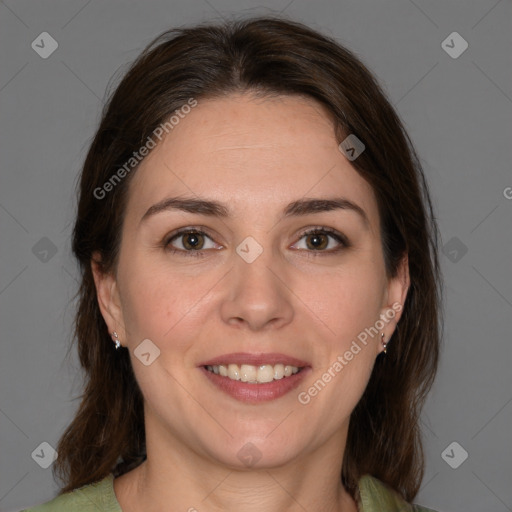 Joyful white young-adult female with medium  brown hair and brown eyes