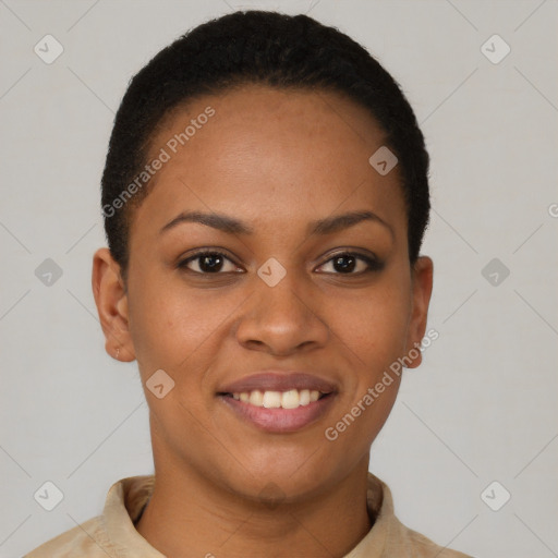 Joyful latino young-adult female with short  brown hair and brown eyes