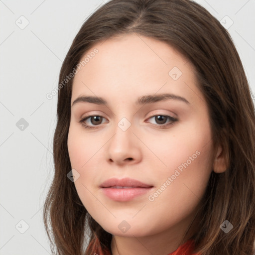 Neutral white young-adult female with long  brown hair and brown eyes