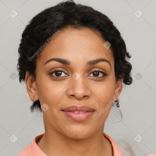 Joyful latino young-adult female with short  brown hair and brown eyes