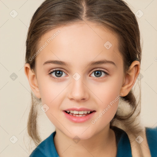 Joyful white child female with medium  brown hair and brown eyes