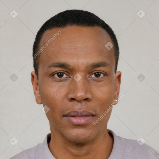 Neutral black young-adult male with short  black hair and brown eyes