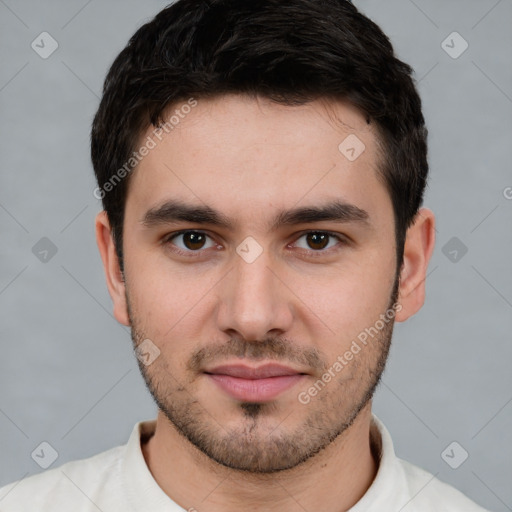 Neutral white young-adult male with short  brown hair and brown eyes