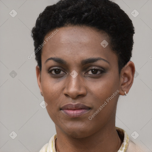 Joyful latino young-adult female with short  black hair and brown eyes