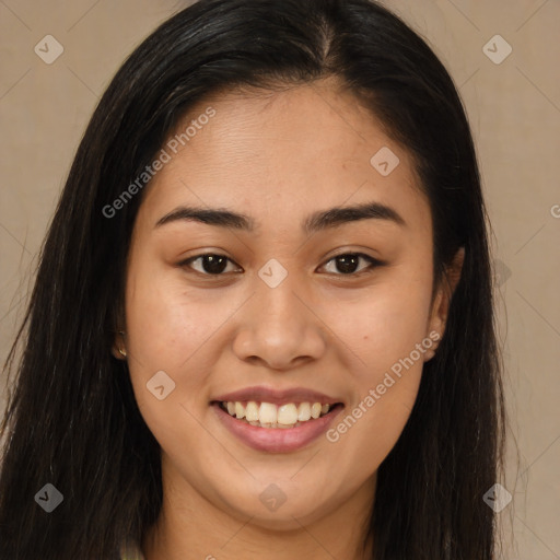 Joyful asian young-adult female with long  brown hair and brown eyes