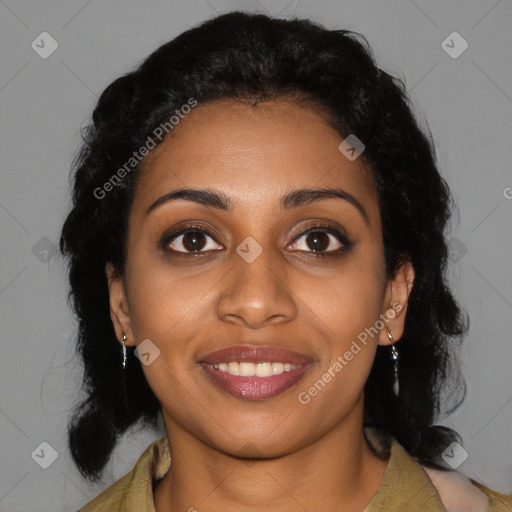 Joyful black young-adult female with medium  brown hair and brown eyes